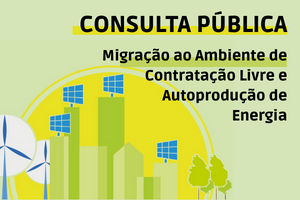 Imagem contendo edifícios ao centro, em tons de verde e verde claro, e placas solares em azul no topo; no canto esquerdo do conjunto de prédios, há dois aero geradores, e do direito, algumas árvores; um sol amarelo coroa a paisagem no plano de fundo