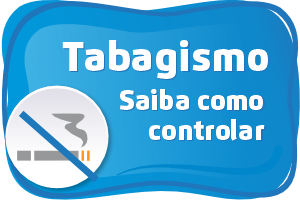 Arte possui fundo azul. Em letras brancas o texto diz Tabagismo - Saiba como controlar. No canto inferior esquerdo há a ilustração de um cigarro aceso com uma faixa azul sobre ele, na transversal.
