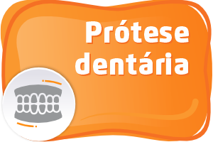 Arte possui fundo laranja. Em letras brancas o texto diz Prótese dentária. No canto inferior esquerdo há a ilustração de uma arcada dentária.