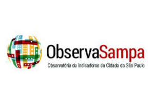 O logo do ObservaSampa está centralizado num fundo branco. Ele faz alusão ao globo terrestre, porém composto por faixas coloridas. Tem os dizeres: ObservaSampa - Observatório de Indicadores da Cidade de São Paulo.