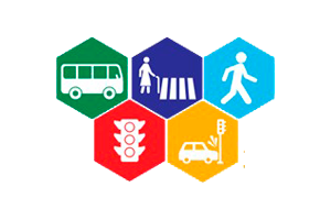 Imagem com ícones coloridos de um ônibus, um idoso e uma faixa de pedestres, um pedestre, um semáforo e um carro.
