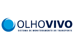 Logo do Olho Vivo, que consiste em um círculo azul estilizado à esquerda e os dizeres "Olho Vivo" e "Sistema de Monitoramento do Transporte" em caixa alta à direita, também na cor azul.