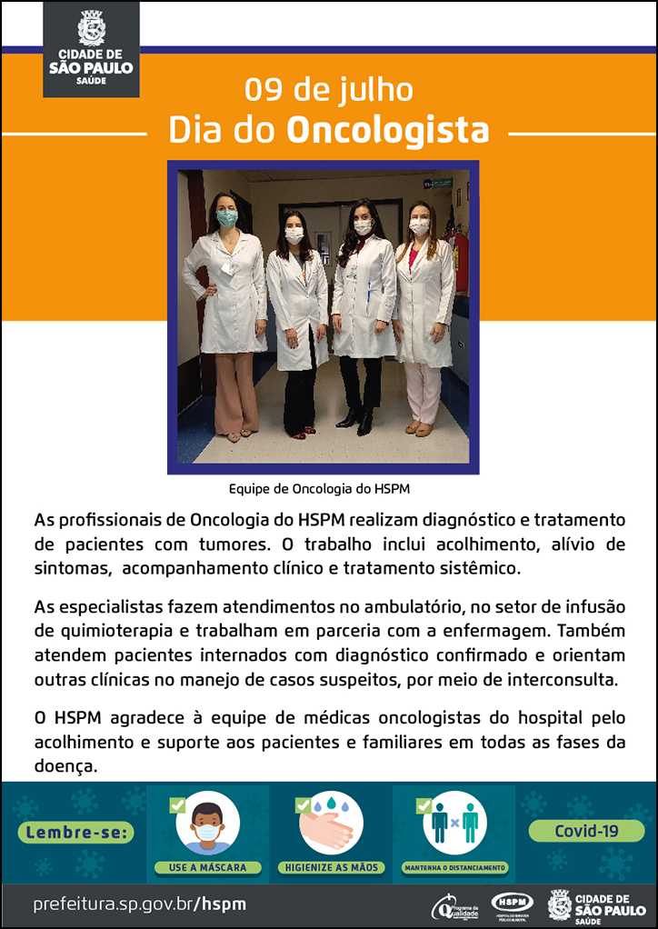 Foto da equipe de oncologistas, com quatro mulheres, todas de avental branco no corredor do hospital
