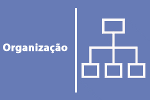 Desenho de um organograma branco com fundo azul hortência