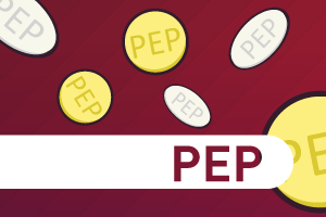 Imagem com fundo vermelho e ilustrações de comprimidos da PEP. No rodapé, à esquerda, há o texto PEP dentro de uma forma retangular branca com pontas arredondadas.