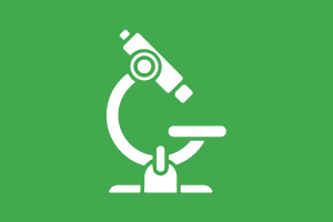 Imagem tipo desenho com fundo verde e um microscópio branco ao centro