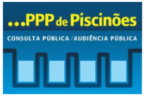 imagem com fundo azul, tem 4 quadrados na cor azul claro que presente reservatório e  interligados. Em cima escrito ...PPP de Piscinões. Consulta Pública / Audiência Pública