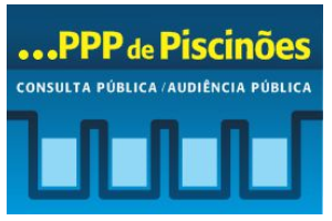 Imagem com fundo azul, tem quatros caixas que representa reservatório interligados.
em cima escrito - PPP de Piscinões - Consulta Pública / Audiência Pública