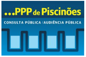 imagem com fundo azul, tem 4 quadrados na cor azul claro que presente reservatório e  interligados. Em cima escrito ...PPP de Piscinões. Consulta Pública / Audiência Pública