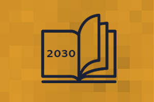 desenho de uma agenda aberta com o ano 2030 na página da esquerda