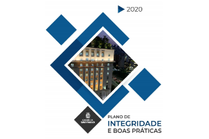 Fundo branco com imagem do centro do Edifício Matarazzo circulado com bordas azuis. Logotipo da Cidade de São Paulo e título: Plano de Integridade e Boas Práticas.