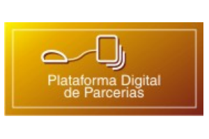 Fundo é Amarelo, no meio tem desenho de mouse e cpu representado mídia digital e embaixo escrito Plataforma Digital de Parcerias