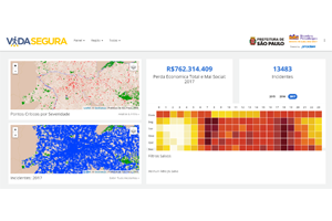 Imagem de uma tela da Plataforma Vida Segura, com mapas do lado esquerdo e dados do lado direito.