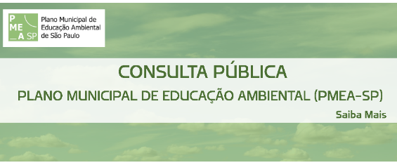 Imagem com o fundo verde e as letras em azul com o logo do PLANO MUNICIPAL DE EDUCAÇÃO AMBIENTAL (PMEA-SP) no canto superior esquerdo