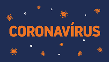 #PraCegoVer: arte possui fundo azul escuro e vetores que lembram vírus na cor laranja. em letras laranja está escrito: Coronavírus