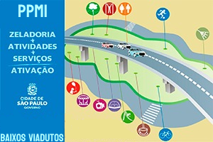 Desenho de viaduto com 3 carros em cima, no lado esquerdo escrito PPMI, Zeladoria + Atividades + Serviços Ativação, logotipo da cidade de São Paulo.