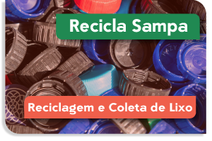 Na imagem ao fundo diversas tampinha de garrafa pet coloridas, as frases recicla sampa e reciclagem e coleta de lixo aparecem na frente