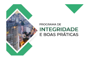 fundo branco com imagens de edifícios, detalhes em verde e título lateral "programa de Integridade e boas práticas