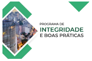 arte com imagens de prédios do centro de São Paulo com faixas verdes como moldura e a frase do lado direito "programa de integridade e boas práticas"