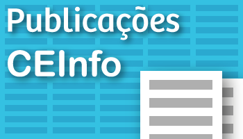O título "Publicações CEInfo" está escrito na cor branca e se encontra na parte superior esquerda da imagem azul. Na parte inferior direita há um desenho de folhas de papel usadas.