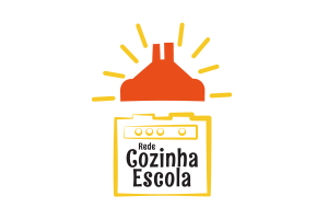 Logotipo do programa Rede Cozinha Escola é um desenho de uma coifa laranja, sobre o contorno de um fogão em amarelo e o nome Rede Cozinha Escola dentro.