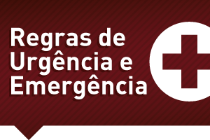 #PraCegoVer: num fundo vermelho-escuro está escrito Regras de Urgência e Emergência em letras brancas. Do lado direito há uma cruz vermelho-escuro dentro de um círculo branco
