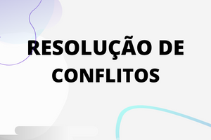 Texto em negrito centralizado: "resolução de Conflitos". Fundo  degradê lilás claro para o branco, com detalhes de semicírculos degradê roxo para o azul e brancos.