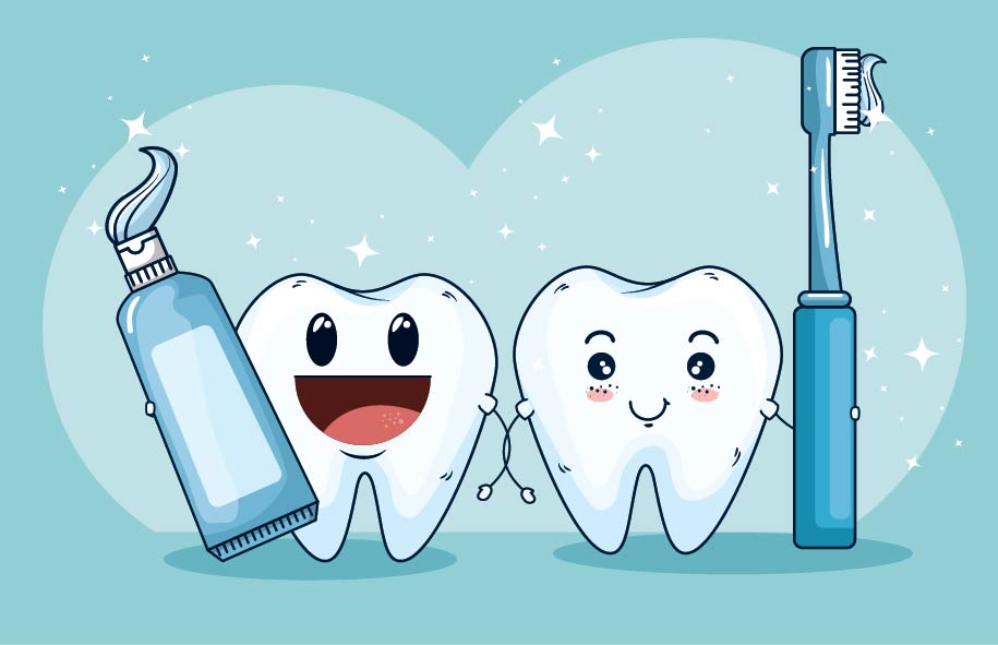 Imagem ilustrativa de dois dentes segurando a pasta  e a escova de dentes