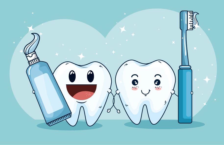 Imagem ilustrativa de dois dentes segurando a pasta e a escova de dentes