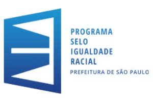 Imagem de uma porta aberta formando o sinal de igual e a frase Programa Selo Igualdade Racial Prefeitura de São Paulo