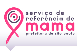Arte possui fundo claro. Do lado esquerdo há o ícone do laço e à direita está escrito: Serviço de referência de mama - Prefeitura de São Paulo