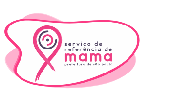 Arte possui fundo branco com detalhes cor de rosa. Em letras rosaa e preta o texto diz Serviço de referência de mama - Prefeitura de São Paulo. Do lado esquerdo do texto há a ilustração de um laço cor de rosa.