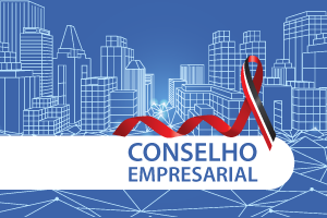 Pra Cego Ver: banner com fundo azul e contornos de prédios azuis ao fundo; dentro de um retângulo branco no rodapé da arte há o texto conselho empresarial; acima deste, há um laço vermelho