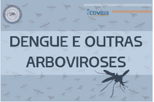 Fundo azul com mosquitos cinzas; Título em cor azul; Símbolo da COVISA no canto superior direito e no canto esquerdo o símbolo de combate a dengue.