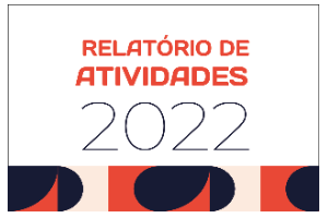 arte com fundo branco e destaque em vermelho do título Relatório de Atividades 2022. Abaixo desenhos geométricos em preto, vermelho e branco