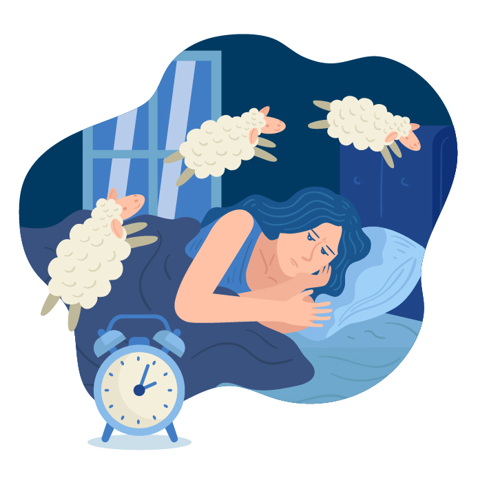 Arte de uma mulher na cama com a cara desanimada, com carneirinhos na parte de cima da foto e um relógio em baixo