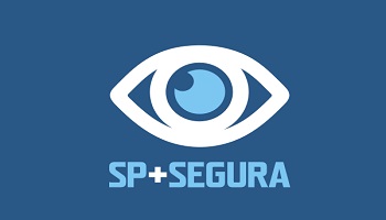Logo do SP + Segura em fundo azul e, um olho branco  e azul