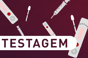 Imagem com fundo vinho e ilustrações de testes rápidos. No rodapé, à esquerda, há o texto Testagem dentro de uma forma retangular branca com pontas arredondadas.