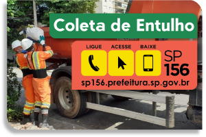 A imagem mostra dois funcionários da limpeza urbana coletando resíduos na calçada e colocando em um caminhão e ícones de contato do SP 156.