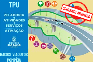 desenho de um viaduto com uma pista embaixo, seguido de uma faixa azul escrito " TPU POMPÉIA" e o logo da secretaria de Governo. No lado direito imagem marca de um carimbo de contrato assinado