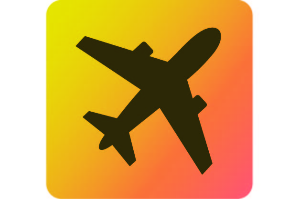 botão nos tons amarelo e laranja, com a ilustração de um avião