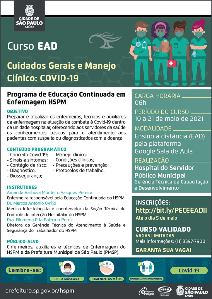 Cartaz com as informações sobre o curso de Cuidados Gerais e Manejo Clínico: Covid-19 nas cores branco e verde escuro com detalhes em preto