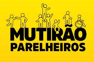 Ilustração de 8 bonecos - um cadeirante e um com mobilidade reduzida - sob um fundo amarelo, acima das palavras "Mutirão Parelheiros" em preto.