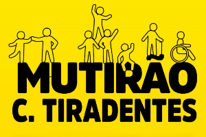 Fundo amarelo com oito bonecos ilustrados sendo um cadeirante e um com mobilidade reduzida em cima das palavras "Mutirão C. Tiradentes".