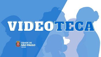 Imagem que reúne sombras e faces de pessoas. Tem uma separação na imagem. Predomina cores: azul em dois tons forte e leve e, mais o branco. Texto: Videoteca como título. Logotipo Secretaria municipal de Justiça