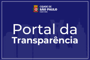 Fundo azul com imagem transparente, à frente os dizeres Portal da Transparência e logo da Prefeitura de São Paulo acima