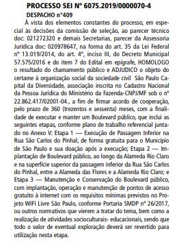 Recorte do Diário Oficial do Município de São Paulo com a publicação da Homologação do resultado do chamamento público.
