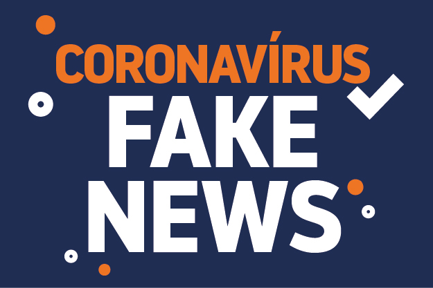 Arte possui fundo azul e ilustrações de vírus em branco e laranja. Texto centralizado diz: Coronavírus na cor laranja e Fake News em branco