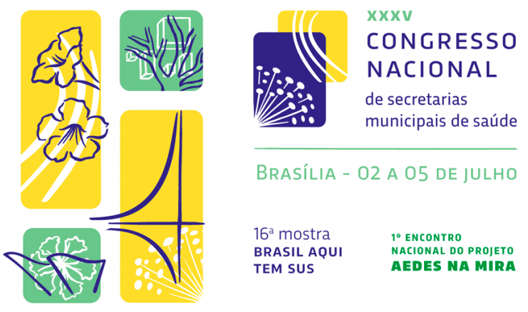 Logo do congresso formado por quadros e retângulos verdes e amarelos com ilustrações de flores, árvores dentro destes, além de monumentos da capital federal. À direita, mais dois retângulos, um roxo e outro amarelo com traços brancos e ilustração de flores também me branco. Mais à direita, há o título do congresso: XXXV Congresso Nacional de secretarias municipais de saúde, escrito em verde e roxo. Abaixo, há um traço verde e o texto também em verde: Brasília - 02 a 05 de julho. Mais abaixo, à direita, há o texto em roxo 16ª mostra Brasil aqui tem SUS, e à esquerda, em verde, o texto 1º Encontro Nacional do projeto Aedes na Mira