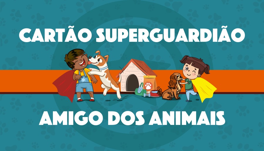 A imagem é uma ilustração com o fundo azul e uma faixa laranja no meio. Há o desenho de um menino à esqueda com um cachorro e uma menina à direita com um cachorro e no meio uma casinha. Na ilustração está escrito 